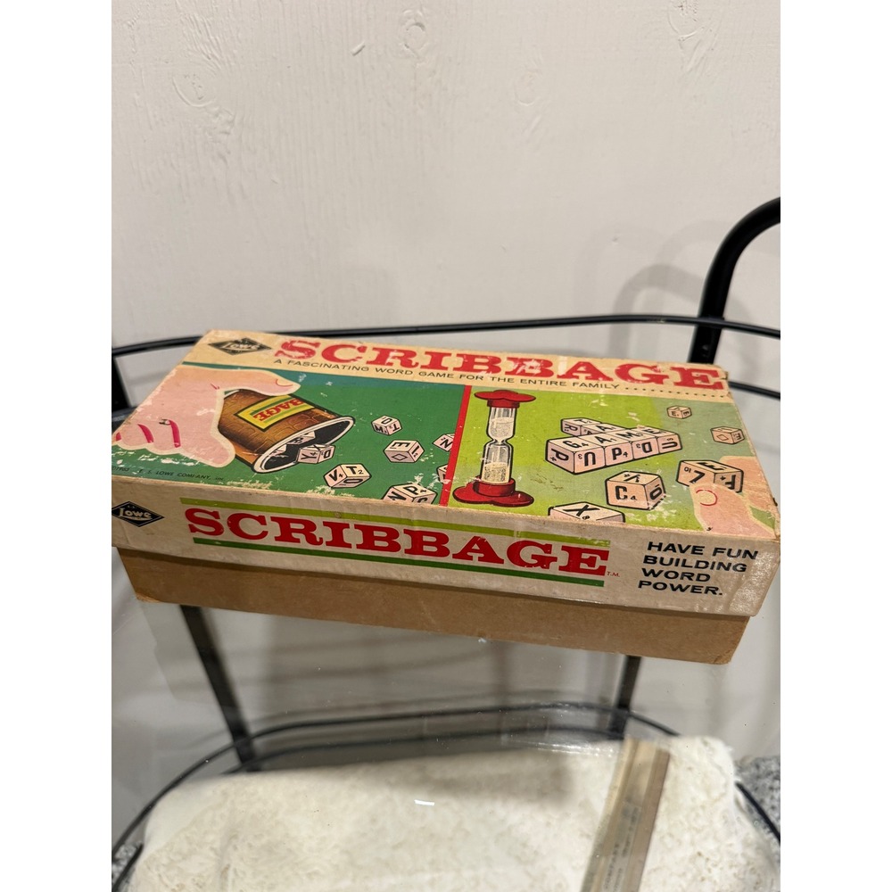Vintage Scribbage Word Game ES Lowe Company 1950s Dice Cup Timer Complete Boxed